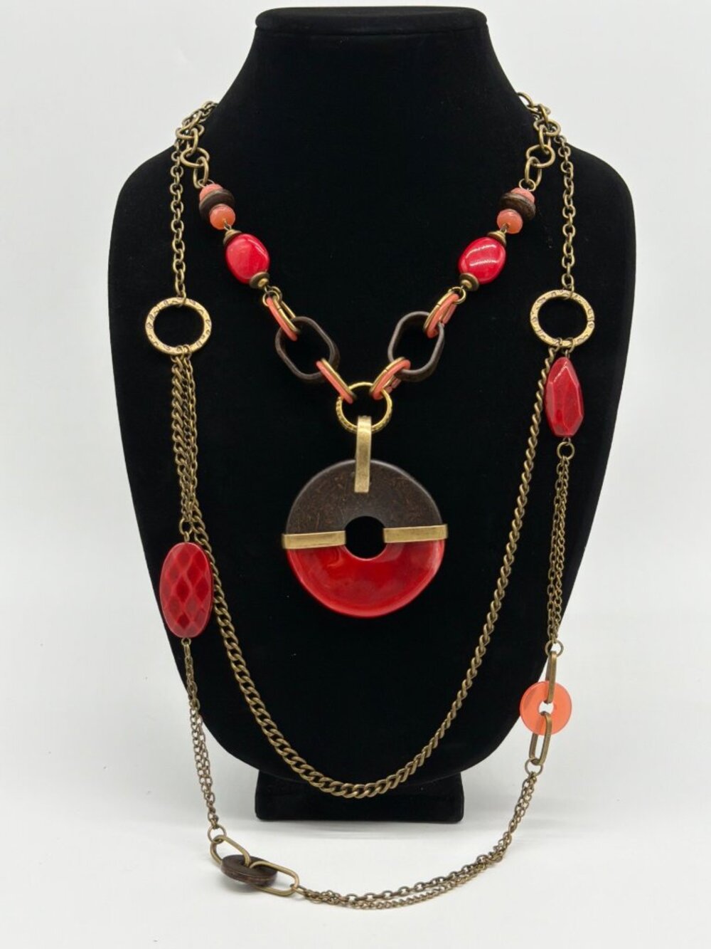 Premier Designs "Piper" Necklace With Antiqued Brass Chains Red Beads & Black An